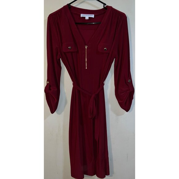 Emma & Michele Burgundy Belted Dress Long Sleeve Zip Front L - Picture 1 of 3